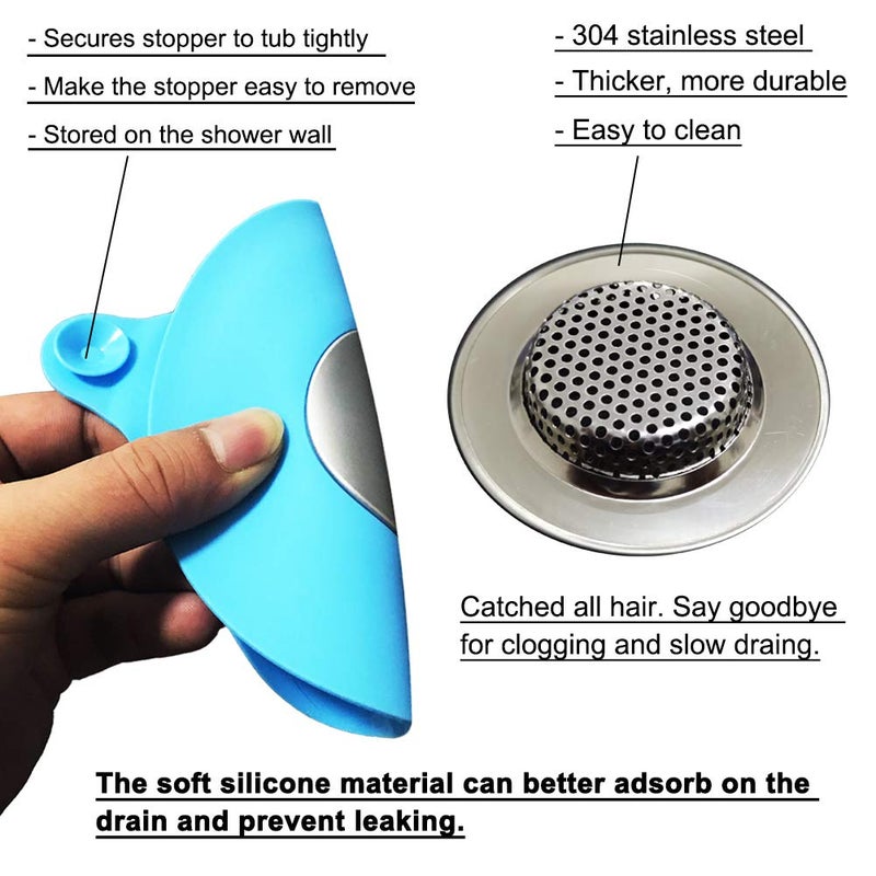 Seatery 2PCS Bathtub Stopper Hair Catcher Kit, Bathtub Drain Strainer, Tub Stopper Plug Cover, Sink Filter, Silicone Drain Stopper for Bathroom, Laundry (Blue) - Image 4